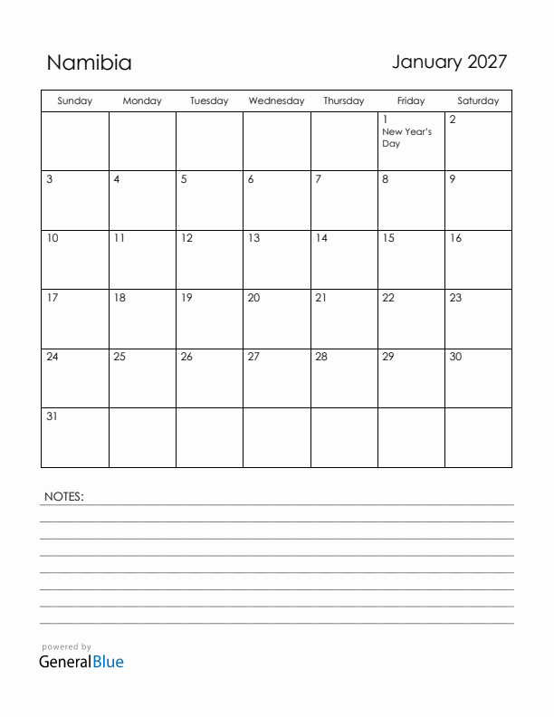 January 2027 Namibia Calendar with Holidays (Sunday Start)