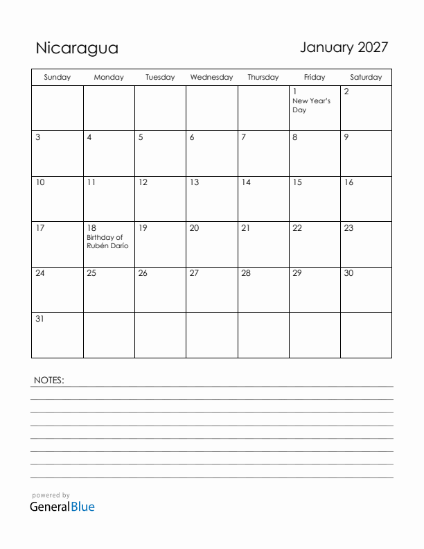 January 2027 Nicaragua Calendar with Holidays (Sunday Start)