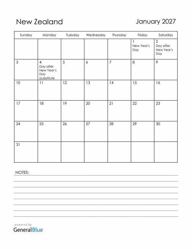 January 2027 New Zealand Calendar with Holidays (Sunday Start)