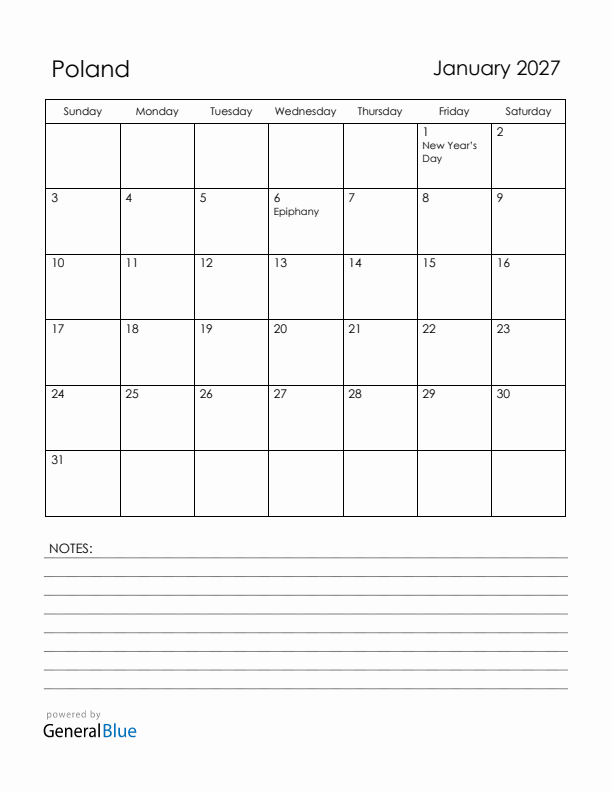 January 2027 Poland Calendar with Holidays (Sunday Start)