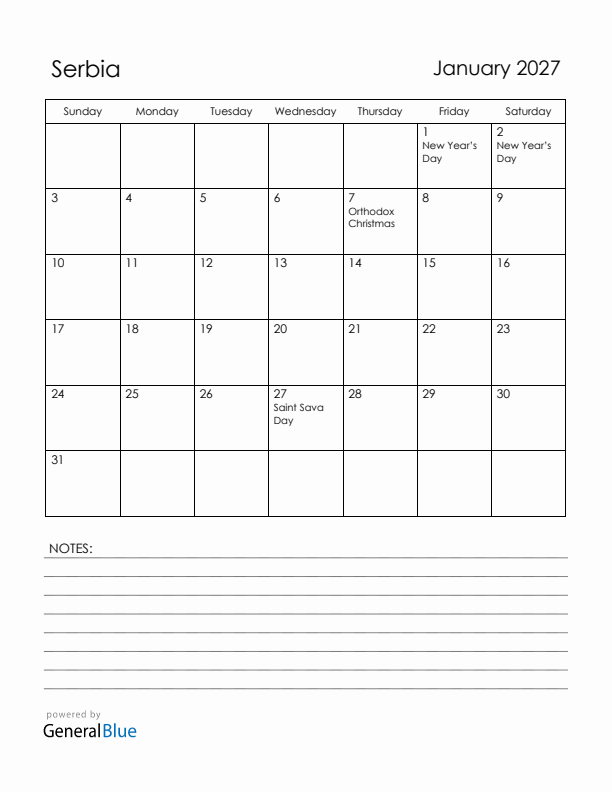 January 2027 Serbia Calendar with Holidays (Sunday Start)