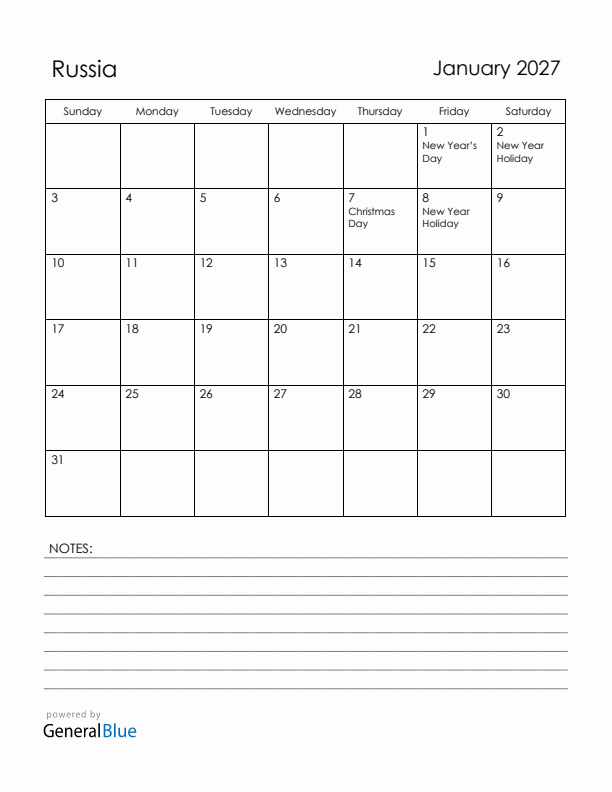 January 2027 Russia Calendar with Holidays (Sunday Start)