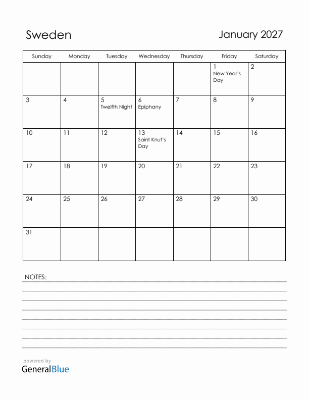 January 2027 Sweden Calendar with Holidays (Sunday Start)