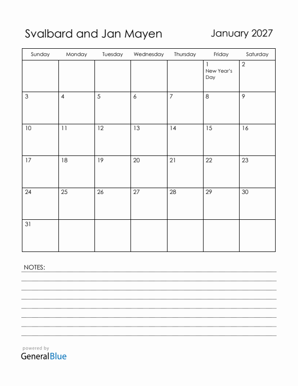 January 2027 Svalbard and Jan Mayen Calendar with Holidays (Sunday Start)