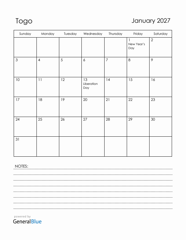 January 2027 Togo Calendar with Holidays (Sunday Start)
