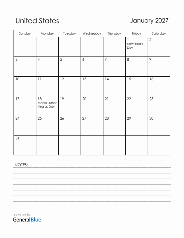 January 2027 United States Calendar with Holidays (Sunday Start)