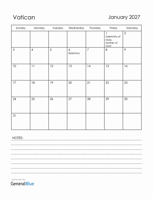 January 2027 Vatican Calendar with Holidays (Sunday Start)