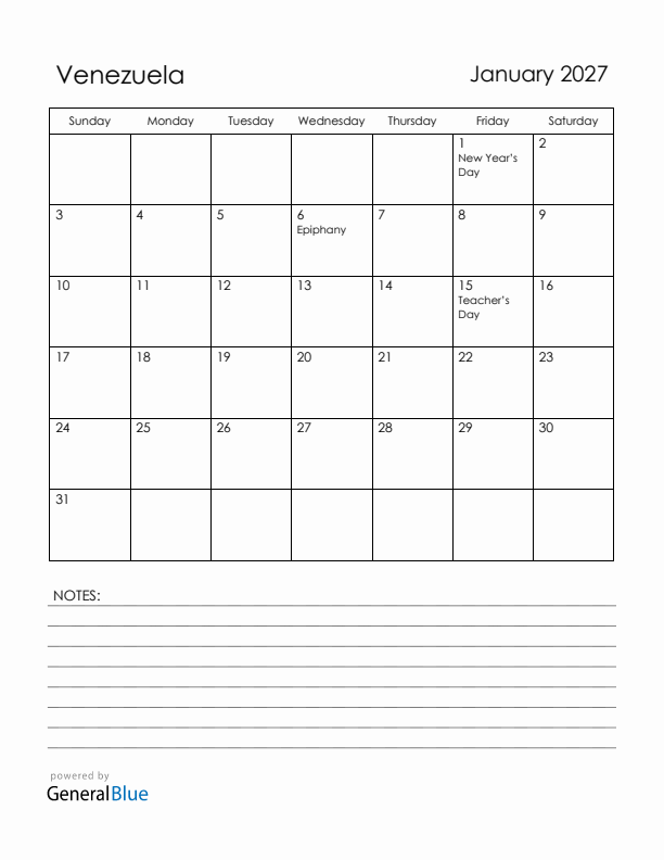 January 2027 Venezuela Calendar with Holidays (Sunday Start)