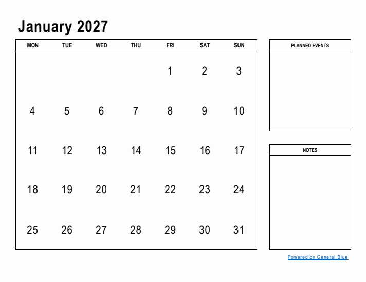 January 2027 Calendar Planner