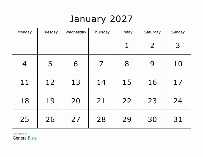 Printable January 2027 Calendar - Monday Start