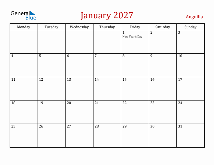 Anguilla January 2027 Calendar - Monday Start