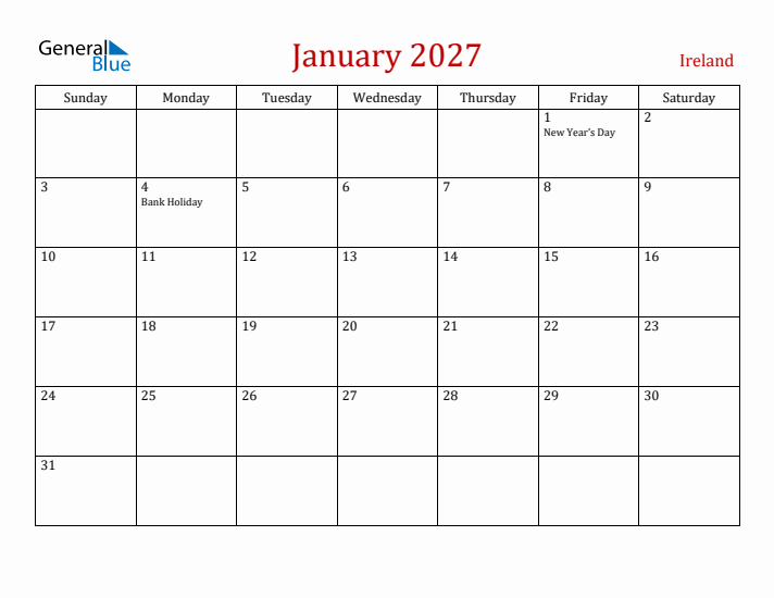 Ireland January 2027 Calendar - Sunday Start