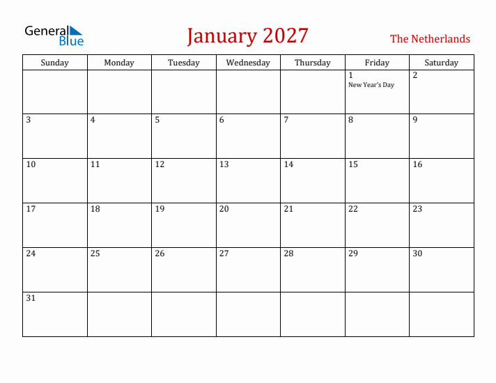 The Netherlands January 2027 Calendar - Sunday Start