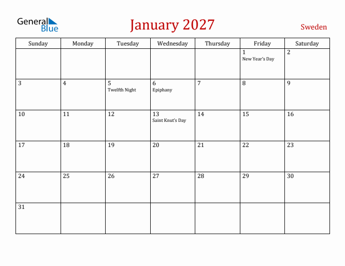 Sweden January 2027 Calendar - Sunday Start