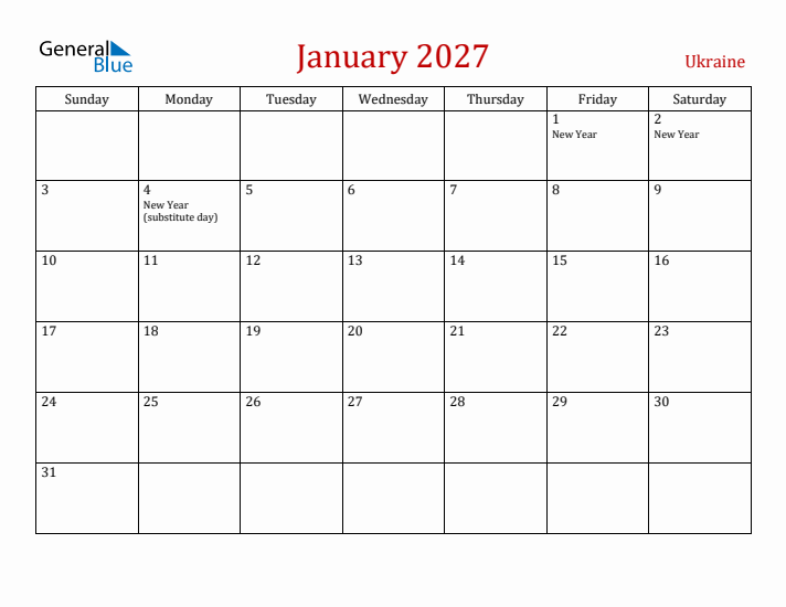 Ukraine January 2027 Calendar - Sunday Start