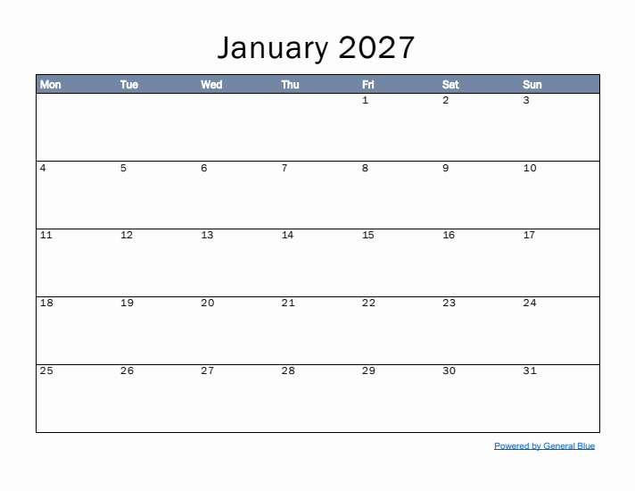 January 2027 Simple Month Calendar Template