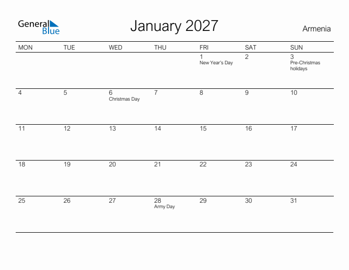 Printable January 2027 Calendar for Armenia