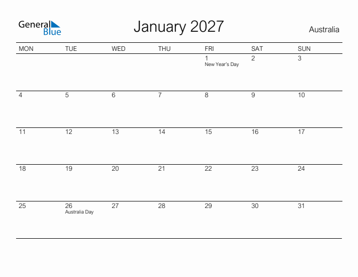 Printable January 2027 Calendar for Australia