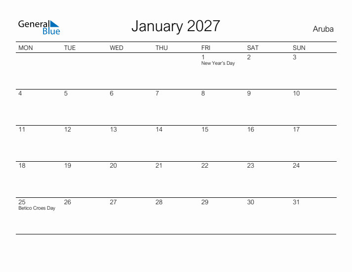 Printable January 2027 Calendar for Aruba