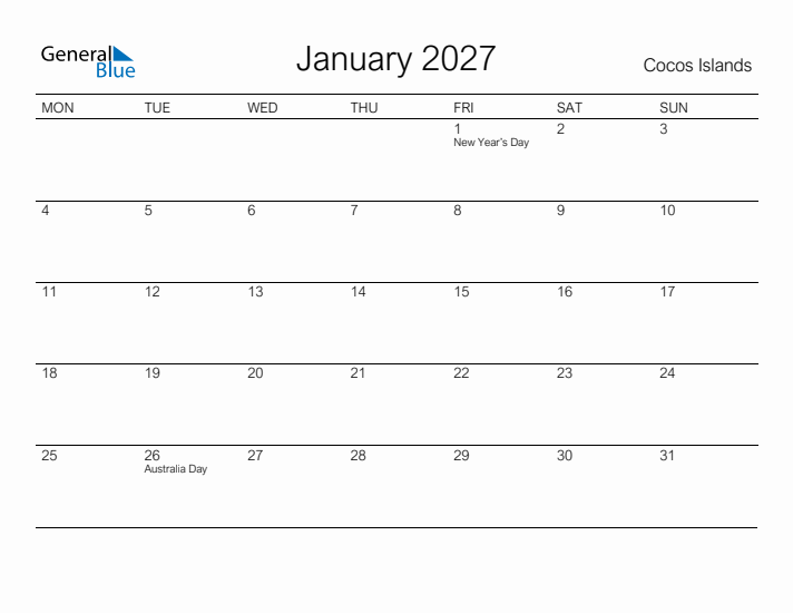 Printable January 2027 Calendar for Cocos Islands