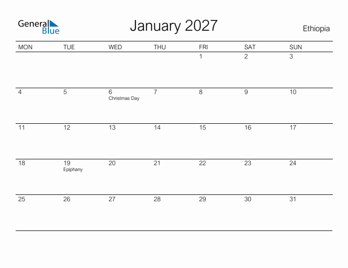 Printable January 2027 Calendar for Ethiopia