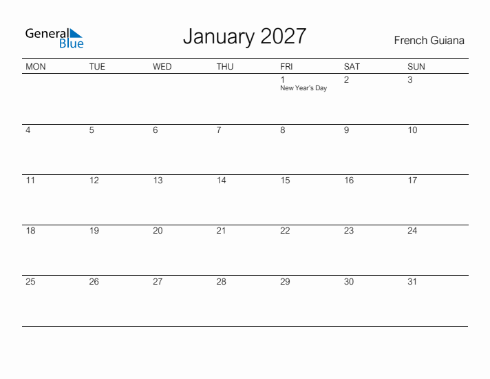 Printable January 2027 Calendar for French Guiana