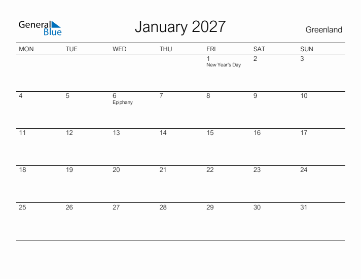 Printable January 2027 Calendar for Greenland