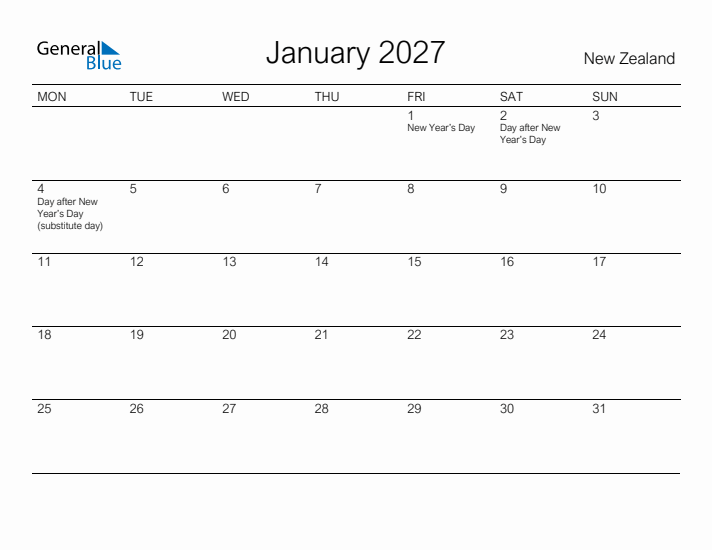 Printable January 2027 Calendar for New Zealand