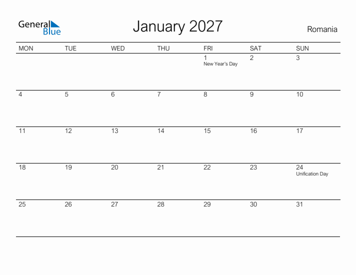 Printable January 2027 Calendar for Romania