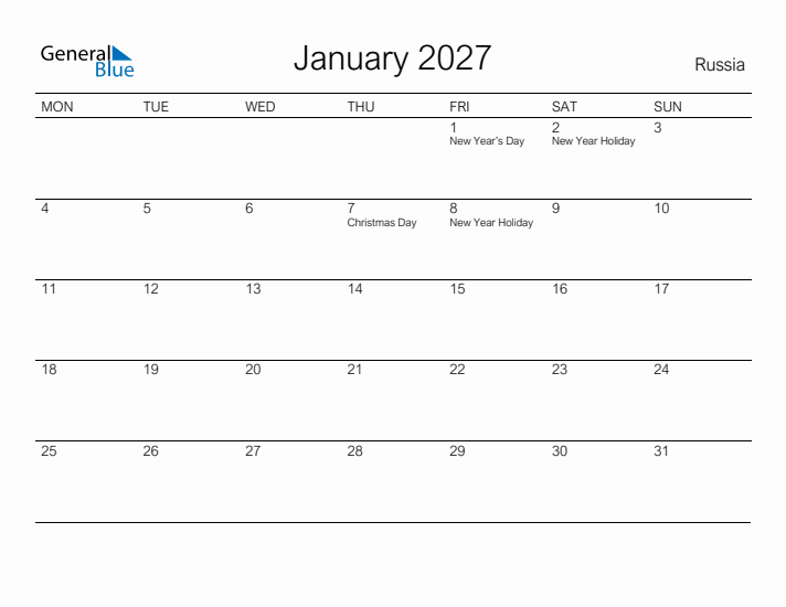 Printable January 2027 Calendar for Russia