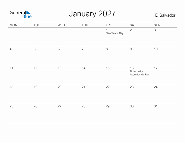 Printable January 2027 Calendar for El Salvador