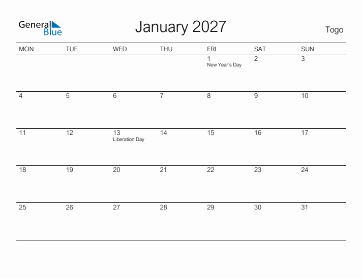 Printable January 2027 Calendar for Togo