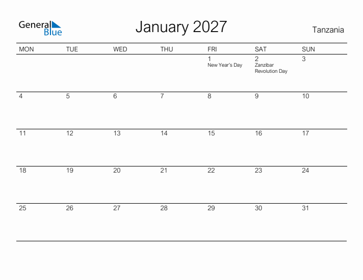 Printable January 2027 Calendar for Tanzania