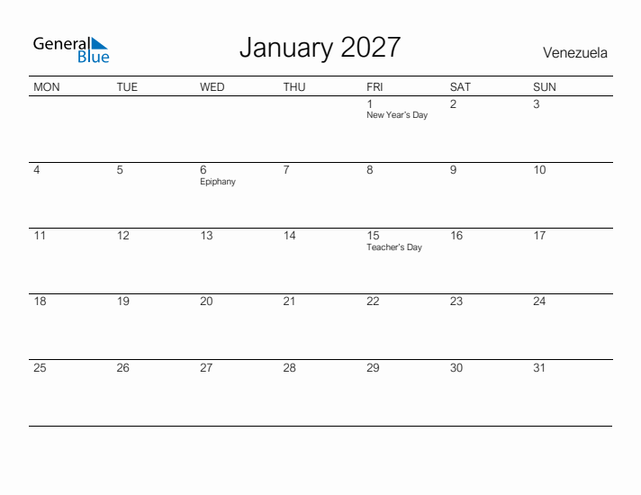 Printable January 2027 Calendar for Venezuela