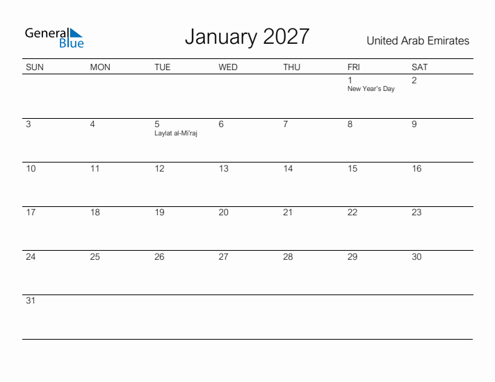 Printable January 2027 Calendar for United Arab Emirates