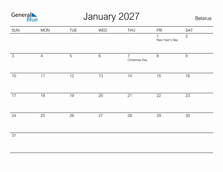 Printable January 2027 Calendar for Belarus