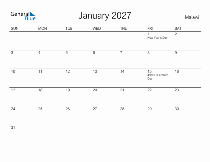 Printable January 2027 Calendar for Malawi