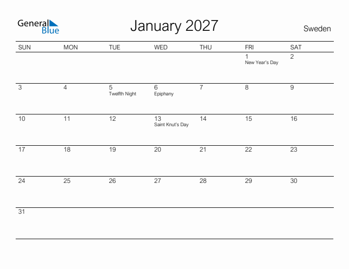 Printable January 2027 Calendar for Sweden