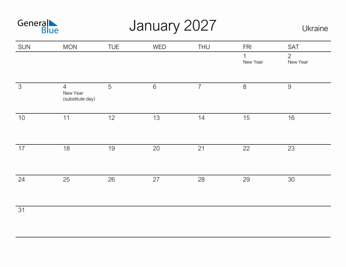 Printable January 2027 Calendar for Ukraine