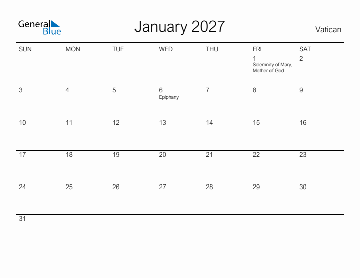 Printable January 2027 Calendar for Vatican