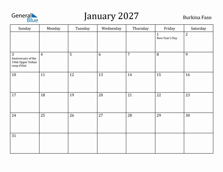 January 2027 Calendar Burkina Faso