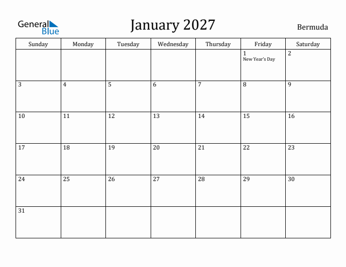 January 2027 Calendar Bermuda