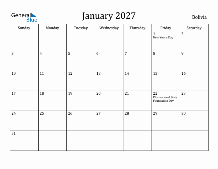 January 2027 Calendar Bolivia