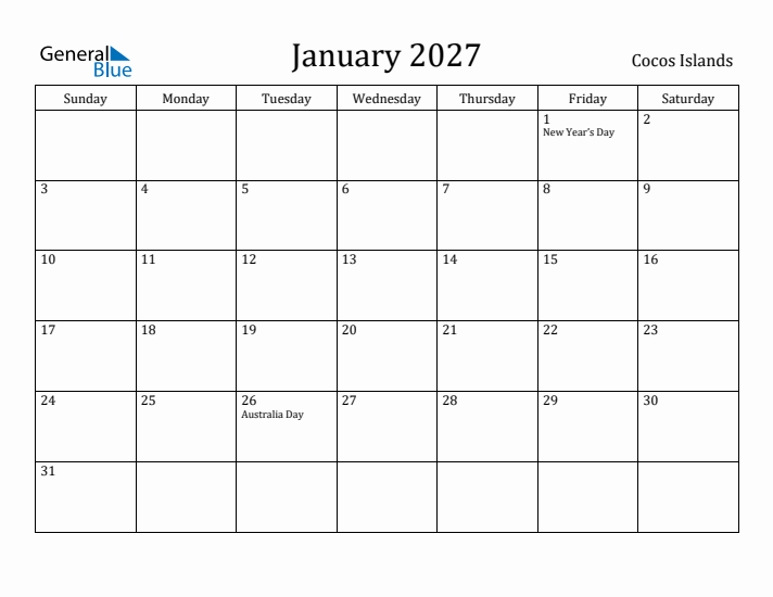 January 2027 Calendar Cocos Islands