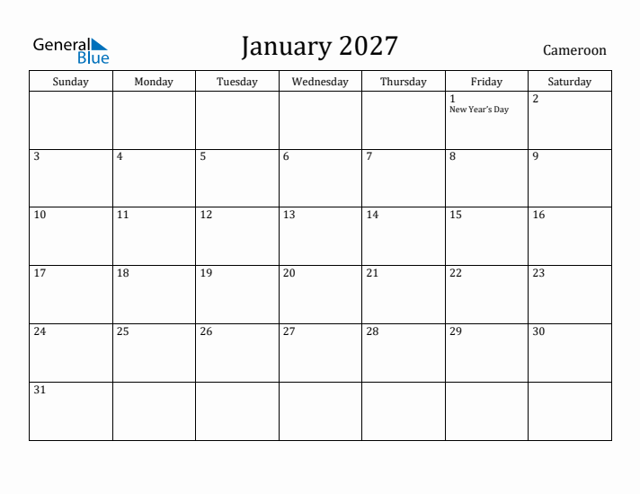 January 2027 Calendar Cameroon