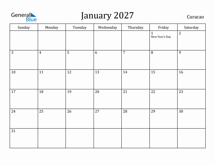 January 2027 Calendar Curacao