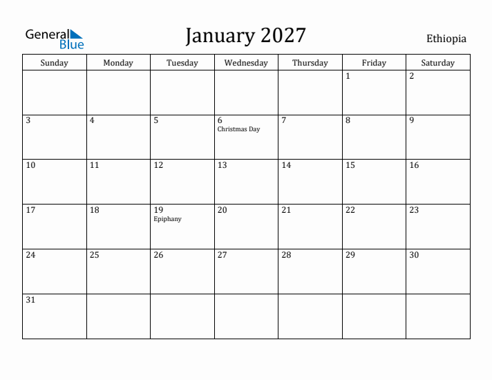 January 2027 Calendar Ethiopia