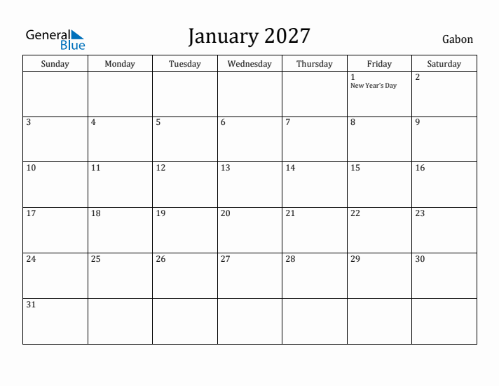 January 2027 Calendar Gabon