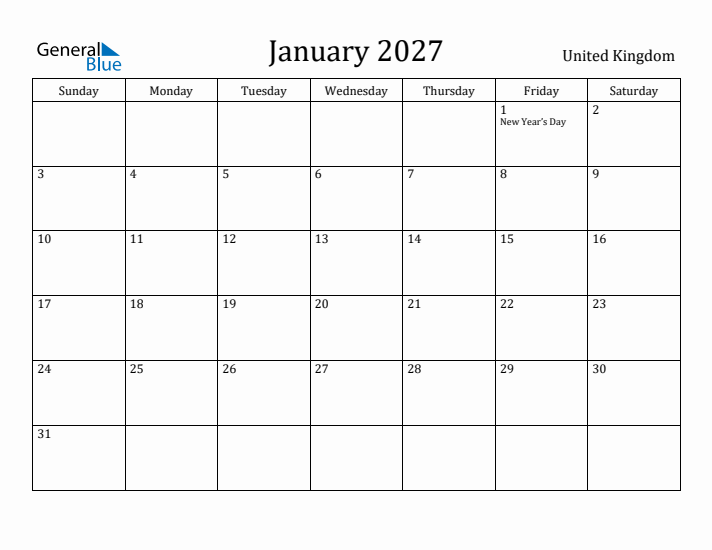 January 2027 Calendar United Kingdom