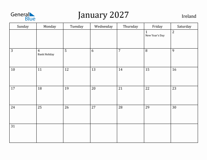 January 2027 Calendar Ireland